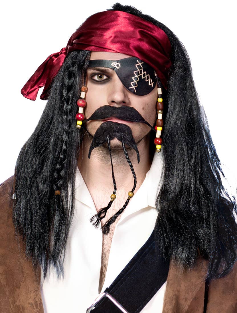 Image of Caribbean Pirate Men's Long Black Wig and Head Scarf - Main Image