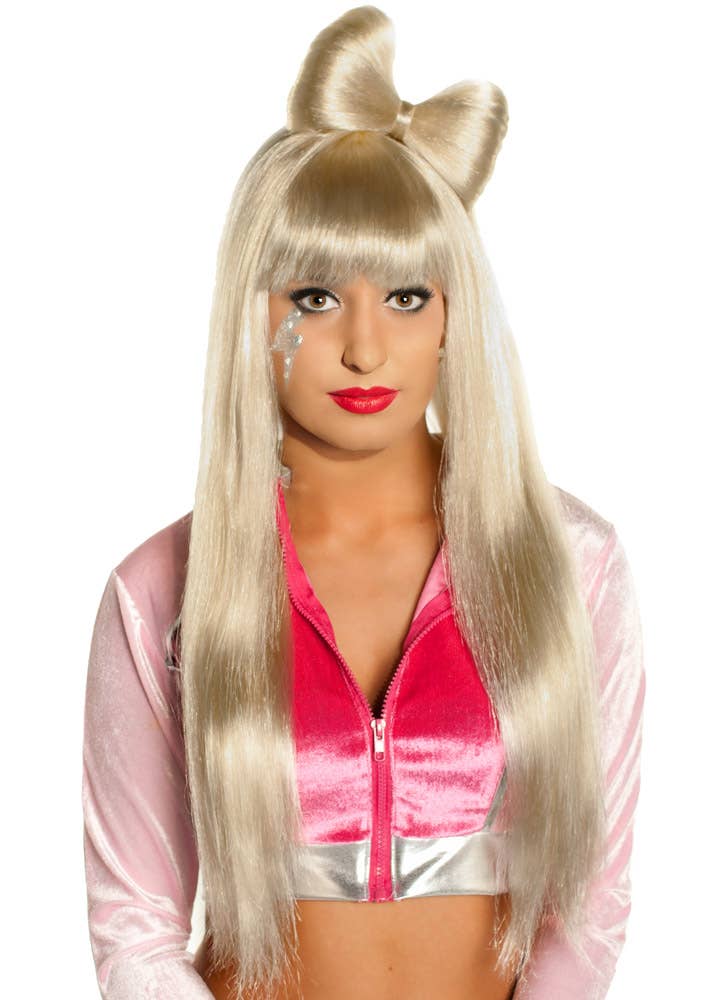 Long Blonde Costume Wig with Bow - Main Image
