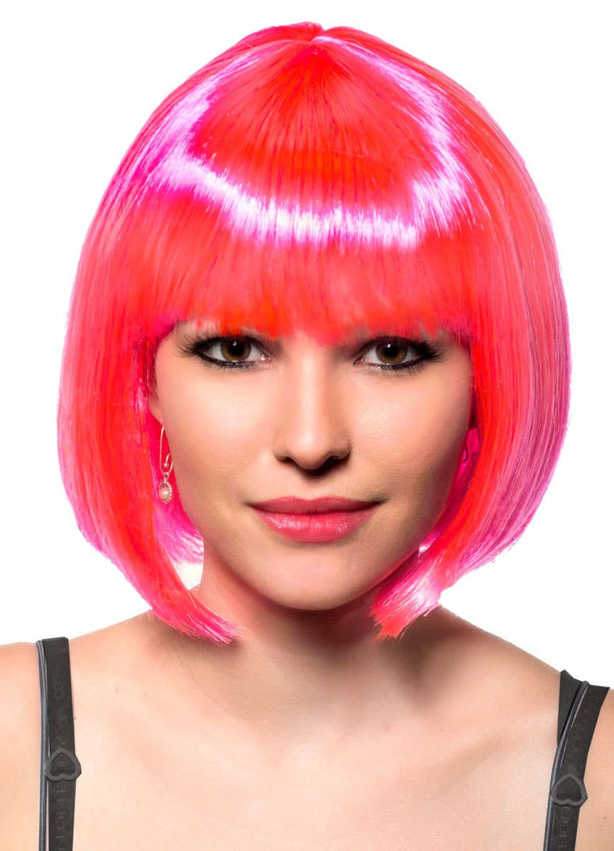 Neon Pink Short Bob Wig with Fringe Front View