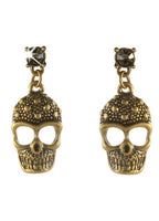 Women's Brass And Rhinestone Pirate Skull Stud Earrings Costume Accessory Close Up Image