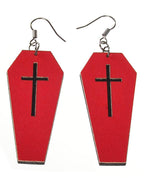 Women's Red Coffin Black Crossed Fish Hook Earrings Halloween Costume Jewellery Front Close Up Image