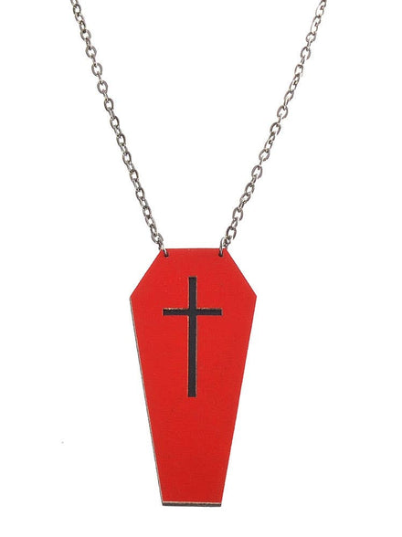 Black And Red Leather Halloween Coffin Necklace With Cross Main Close Up Image