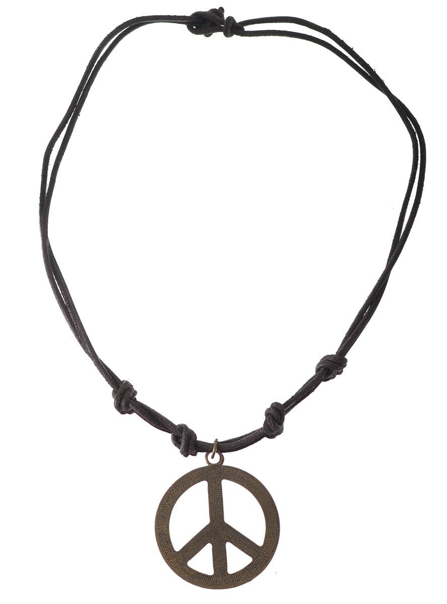 Deluxe Leather and Bronze Men's Hippie Peace Sign Costume Necklace