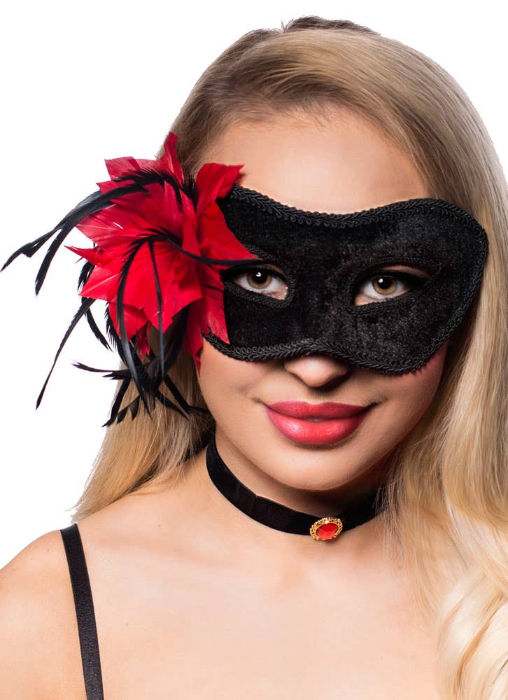 Deluxe Black Velvet Mask with Red Feather Flower