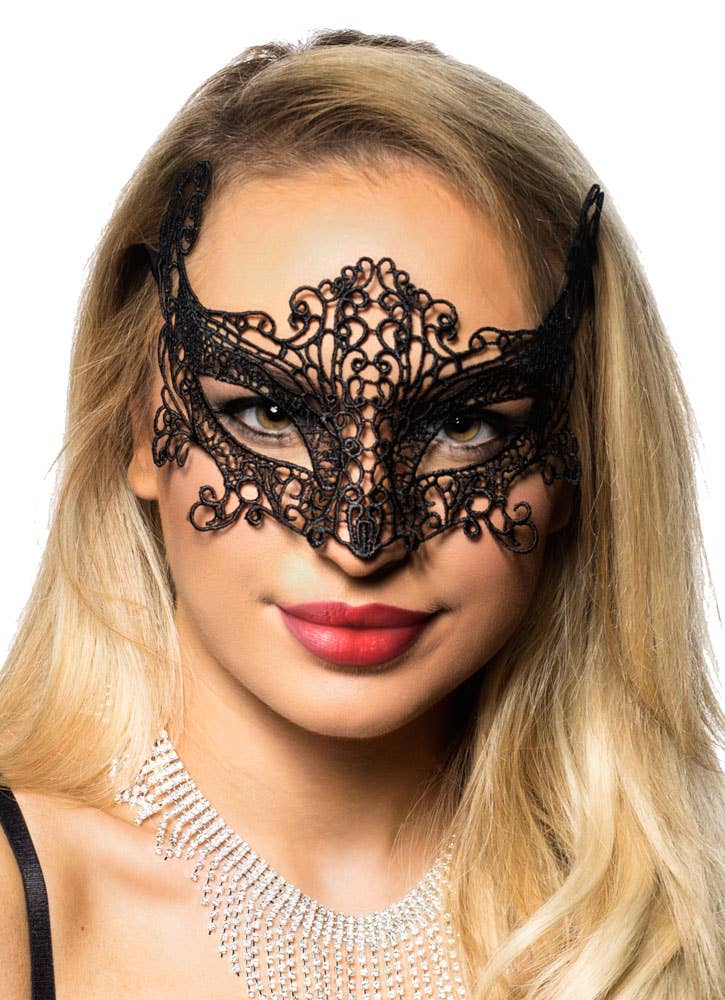 Women's Black Lace Cat Eyes Masquerade Mask Front 1