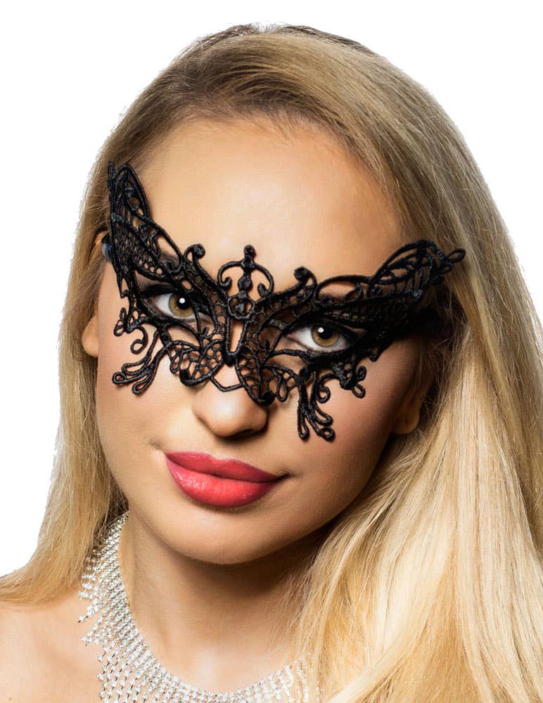 Women's Black Lace Butterfly Masquerade Mask - Main View