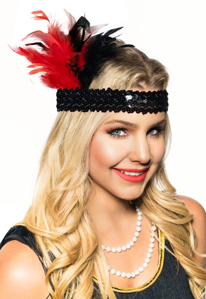 Red and Black Short Feather 1920's Flapper Costume Headband - Main Image