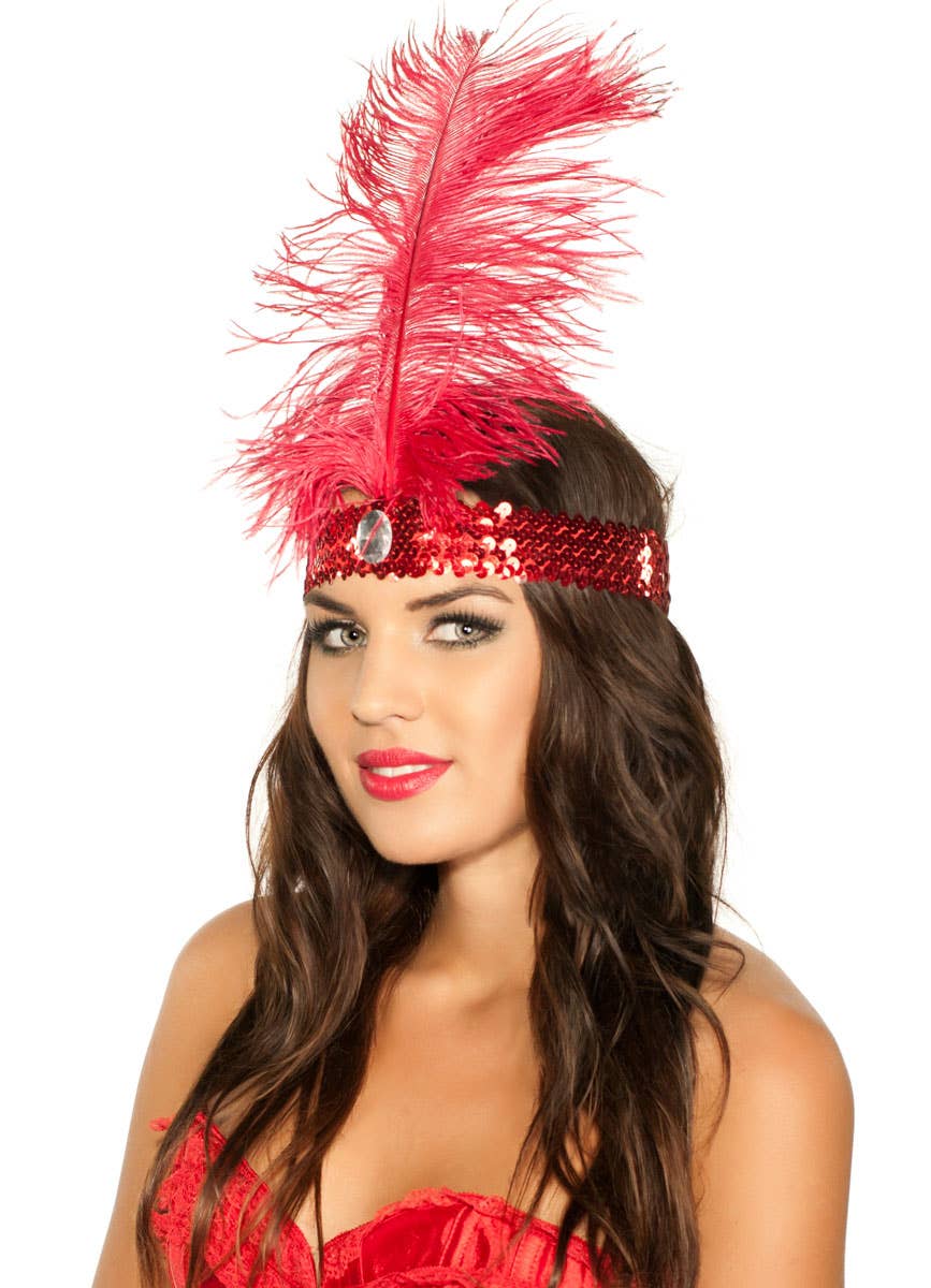 Tall Red Feather and Sequins 1920's Flapper Costume Headband - Main Image