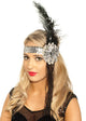 Deluxe Beaded Black and Silver Feather Flapper Headband - Main Image