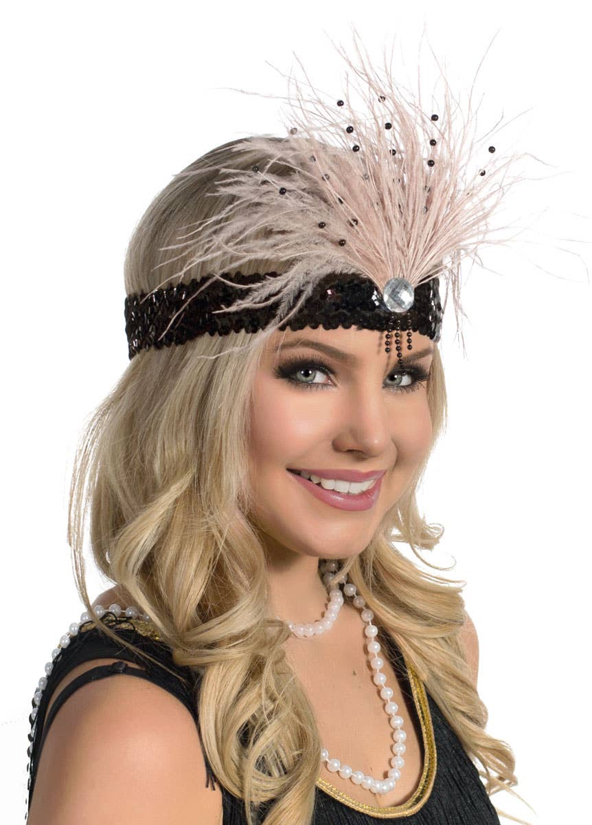 Black and Soft Champagne Feather Flapper Headband View 1