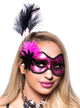 Metallic Hot Pink Vinyl Masquerade Mask with Black Trim Edges and Side Feathers