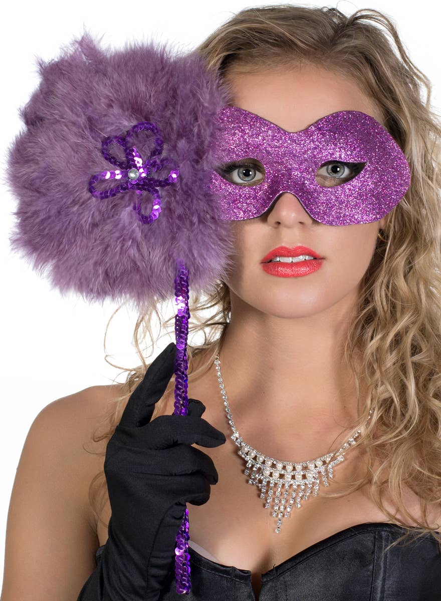 Hand Held Purple Glitter Swirl Masquerade Mask 