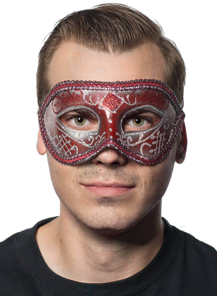 Unisex Red and Gold Glitter Mardi Gras Masquerade Mask - Main Image