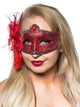 Womens Red Glitter Mask with Flower Side Feather Costume Masquerade Mask - Main Image