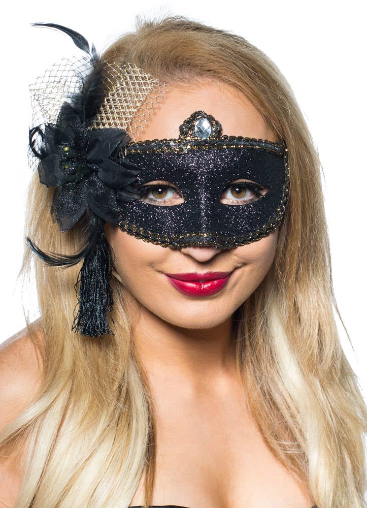 Womens Black And Gold Glitter Mask with Flower Side Feather Costume Masquerade Mask - Main Image 