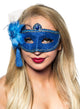 Womens Blue Glitter Mask with Flower Side Feather Costume Masquerade Mask - Main Image