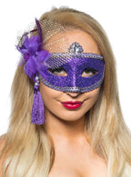 Womens Purple Glitter Mask with Flower Side Feather Costume Masquerade Mask - Main Image