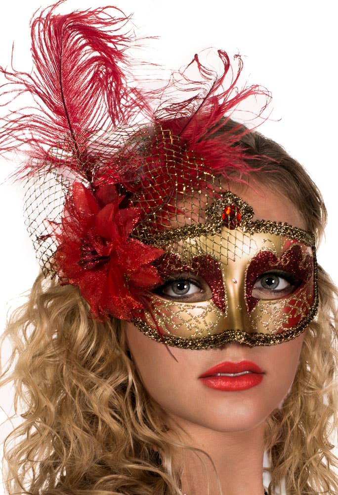 Red and Gold Victorian Masquerade Mask with Side Feathers - Main Image