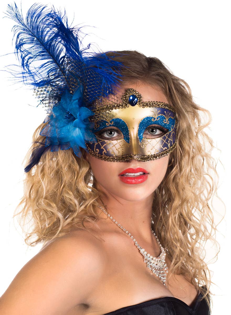 Victorian Masquerade Mask Blue and Gold Genuine Elevate Costumes - Main Image