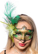 Green Victorian Masquerade Mask with a Flower and Feathers Front View
