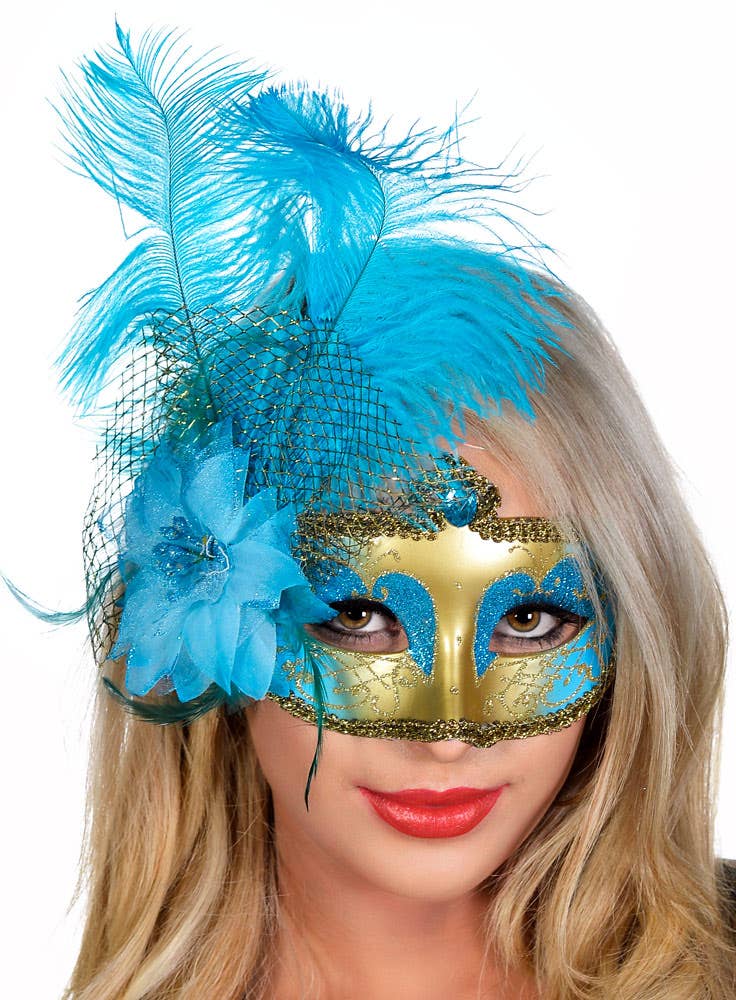 Aqua and Gold Victorian Masquerade Mask with Side Feathers View 1