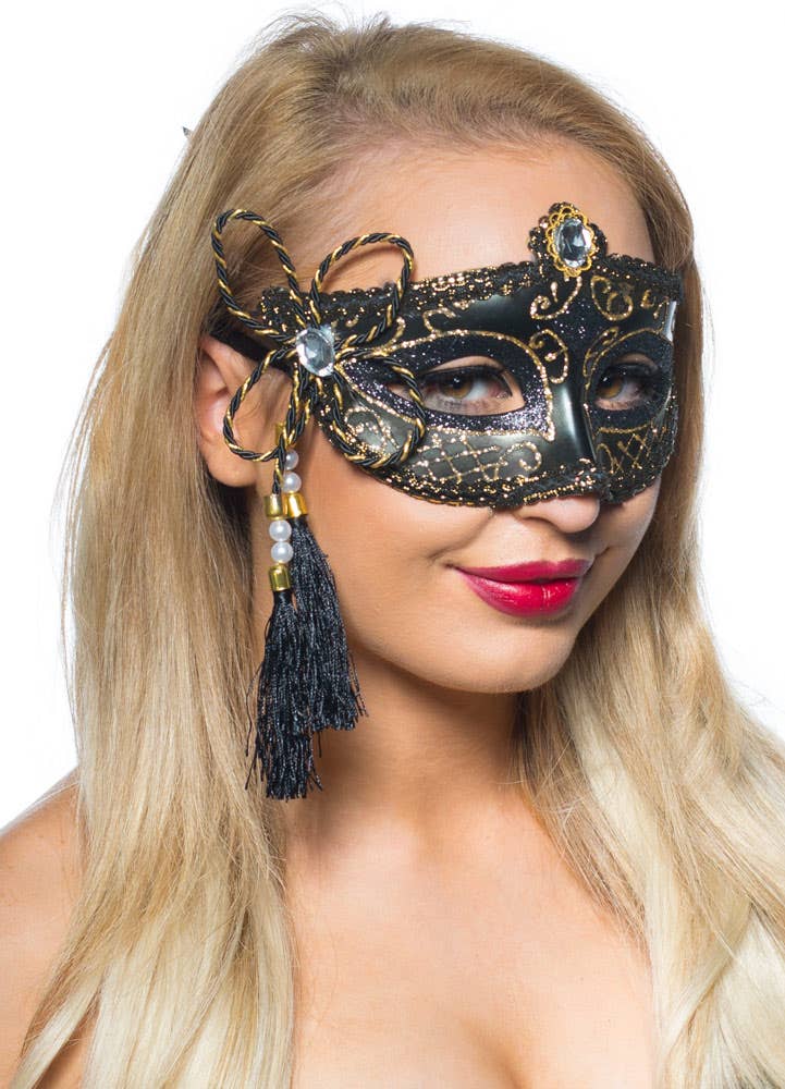 Tassel Venetian Masquerade Mask Black and Gold Genuine Elevate Costumes - Image 1