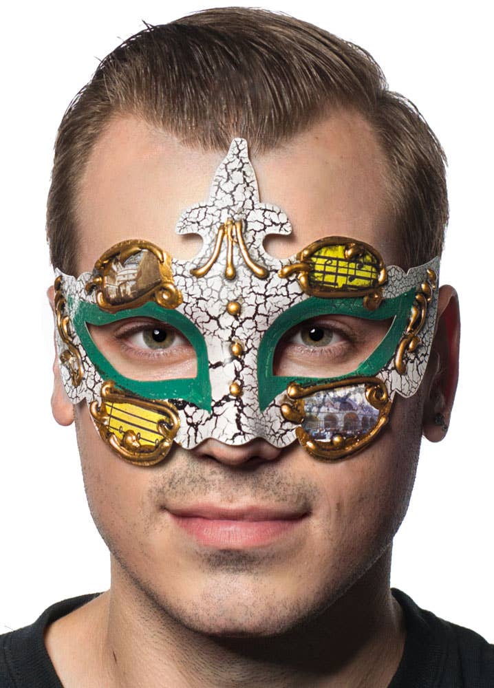 Green Crackle Paint Renaissance Style Masquerade Mask - Main Image