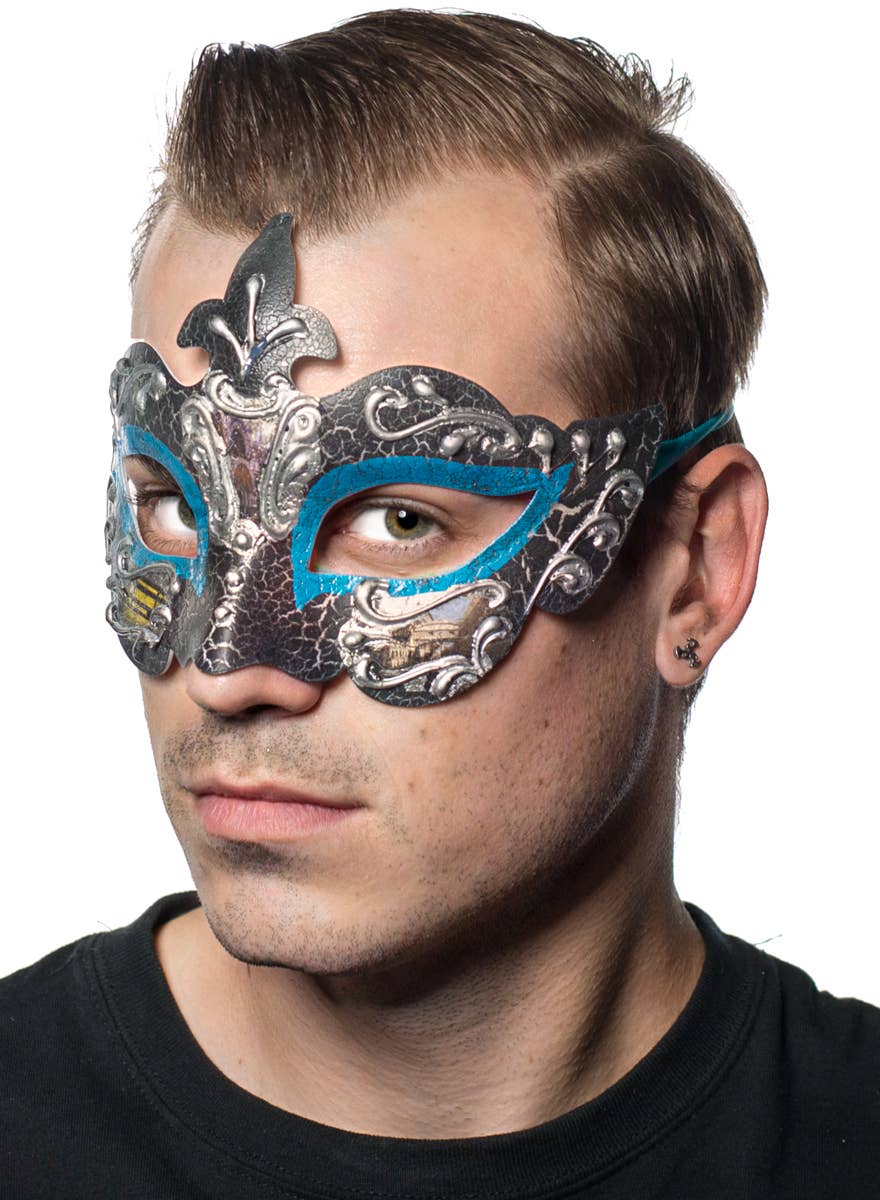 Teal Crackle Paint Renaissance Style Masquerade Ball Mask - Alternate Image 1