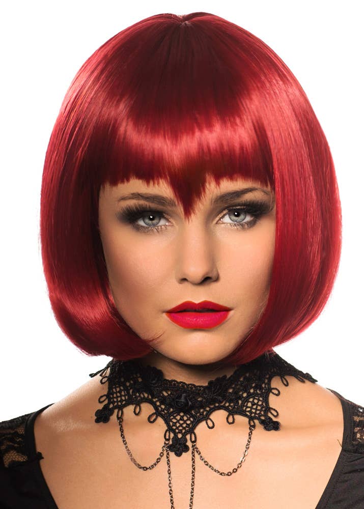 Women's Short Red Bob Halloween Costume Wig with Vampire Fringe Front View