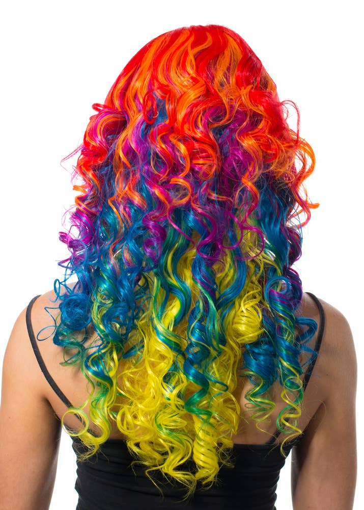 Image of Deluxe Long Curly Rainbow Women's Costume Wig - Back View
