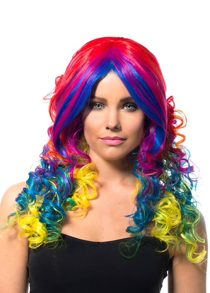 Image of Deluxe Long Curly Rainbow Women's Costume Wig - Front View