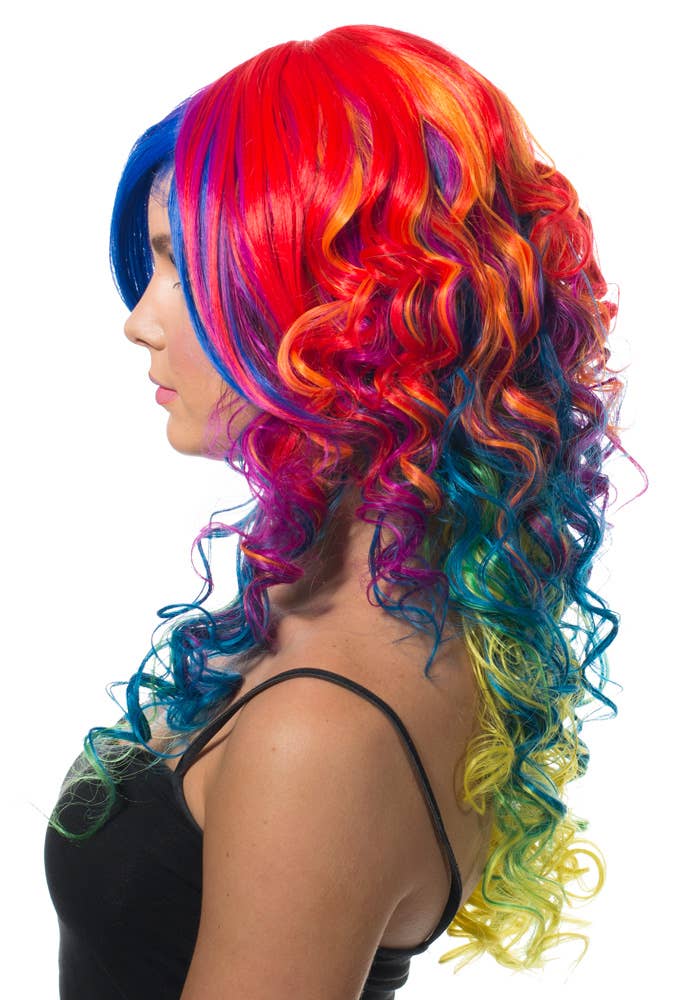Image of Deluxe Long Curly Rainbow Women's Costume Wig - Side View