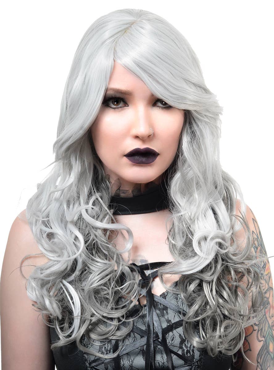 Image of Deluxe Long Curly Grey Ombre Women's Costume Wig - Main Front View