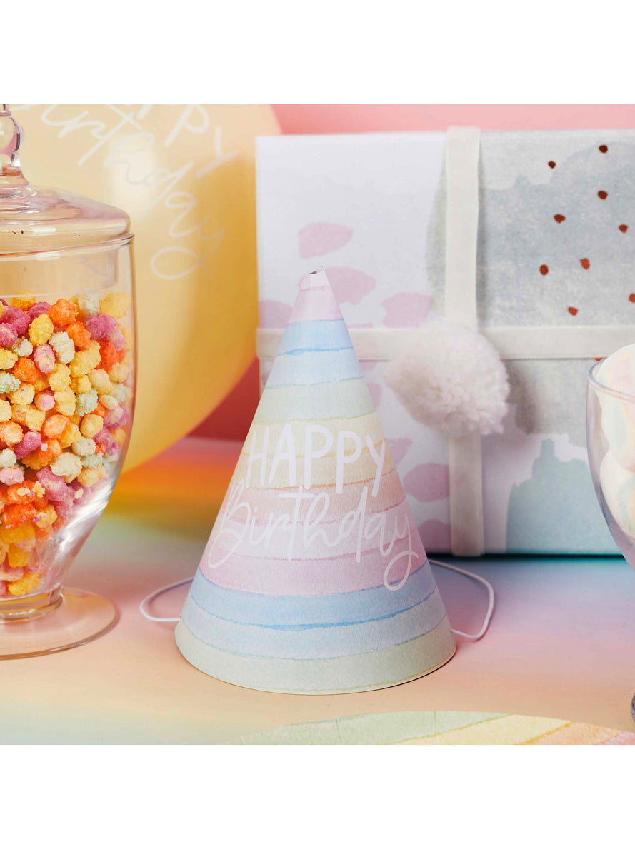 Eco Rainbow 10 Pack Happy Birthday Party Cone Hats - Lifestyle Image 1