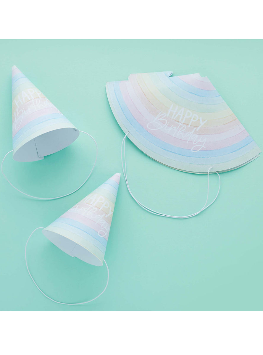 Eco Rainbow 10 Pack Happy Birthday Party Cone Hats - Lifestyle Image 2