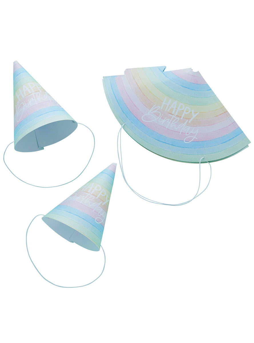 Eco Rainbow 10 Pack Happy Birthday Party Cone Hats - Main Image