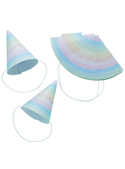 Eco Rainbow 10 Pack Happy Birthday Party Cone Hats - Main Image