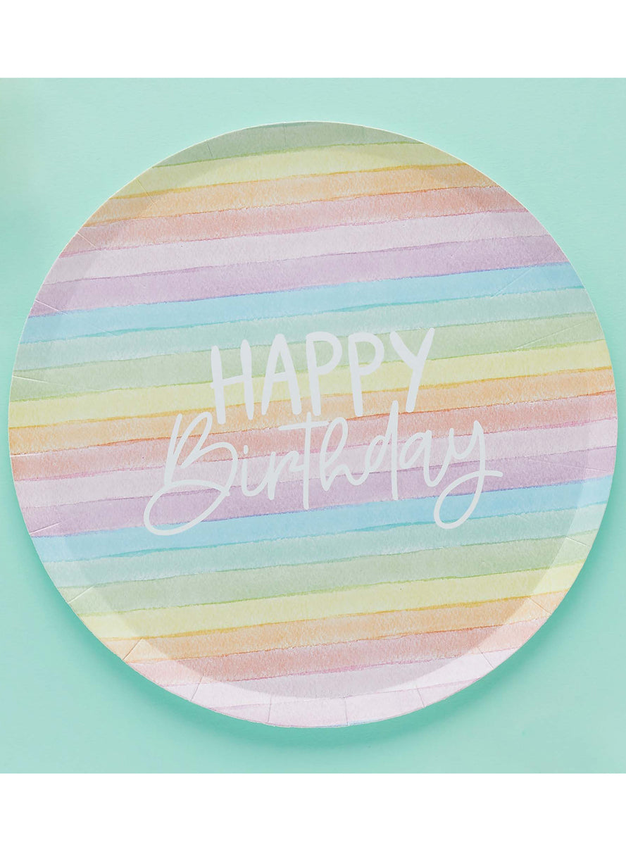 Eco Rainbow 8 Pack 23cm Happy Birthday Paper Plates - Lifestyle Image 1