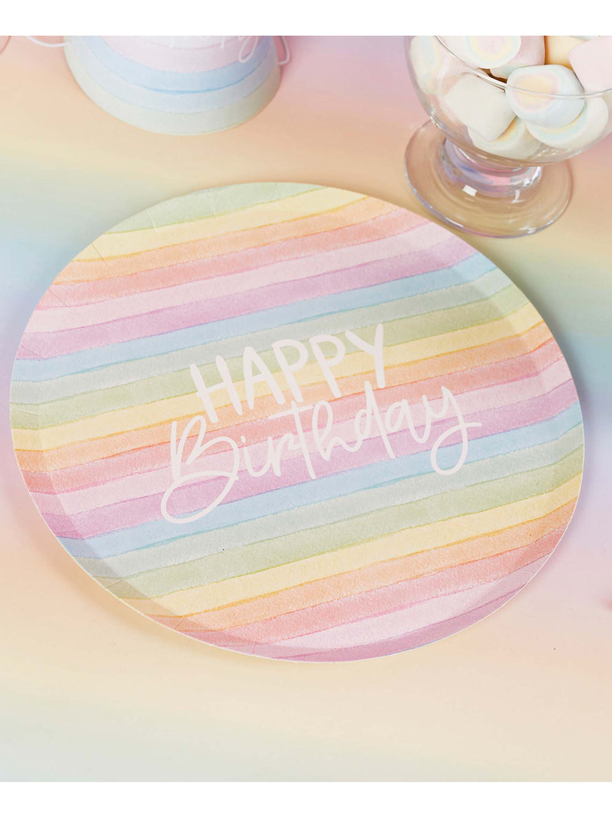 Eco Rainbow 8 Pack 23cm Happy Birthday Paper Plates - Lifestyle Image 2