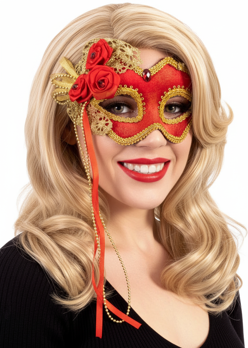 Red and Gold Womens Velvet Masquerade Mask with Rosettes - Main Image