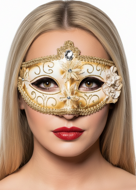 Women's Edwardian Masquerade Mask in Cream and Gold - Main Image