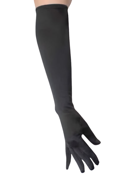 Elbow Length 48cm Long Black Satin Costume Gloves - Main Image