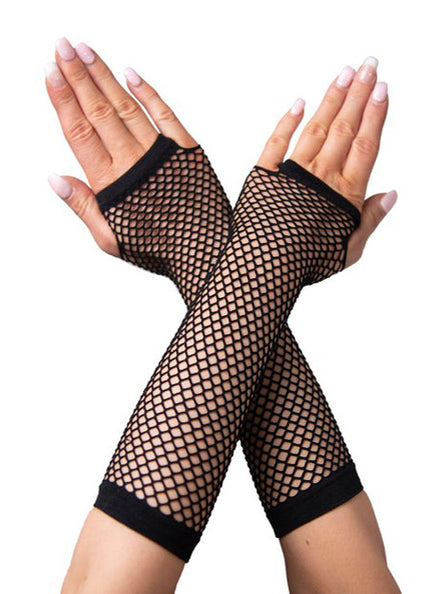Elbow Length Black Fingerless Fishnet Costume Gloves - Main Image