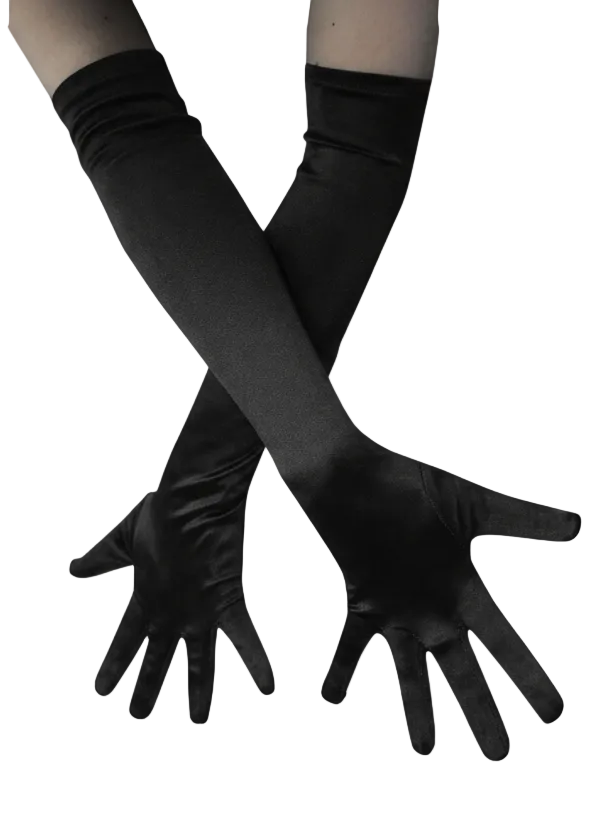 Elbow Length Womens Black Satin Costume Gloves - Main Image
