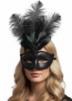 Women's Black Masquerade Mask With Black Feathers - Main Image