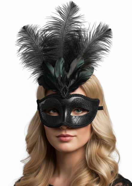 Women's Black Masquerade Mask With Black Feathers - Main Image