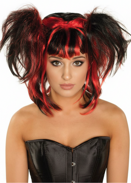 Image of Messy Pigtails Black and Red Women's Halloween Wig - main image