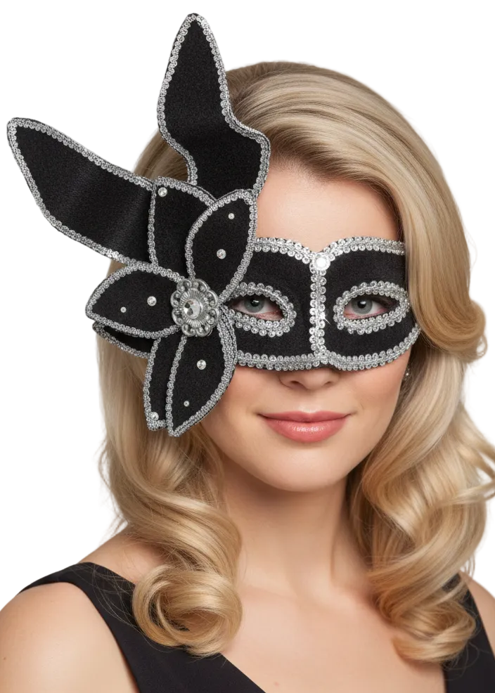 Black and Silver Elaborate Leaf Masquerade Mask - Main Image