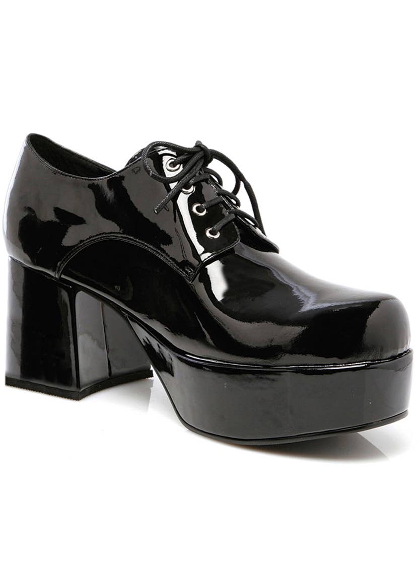 Mens Deluxe Black Patent Shiny Platform 70s Disco Shoes - Main Image