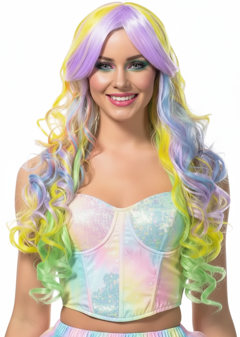 Image of Deluxe Pastel Rainbow Long Curly Women's Costume Wig - Main Image